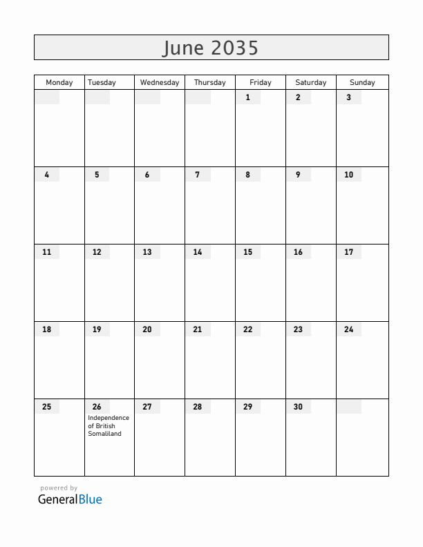Somalia June 2035 Calendar with Holidays