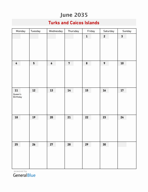 Turks and Caicos Islands June 2035 Calendar with Holidays