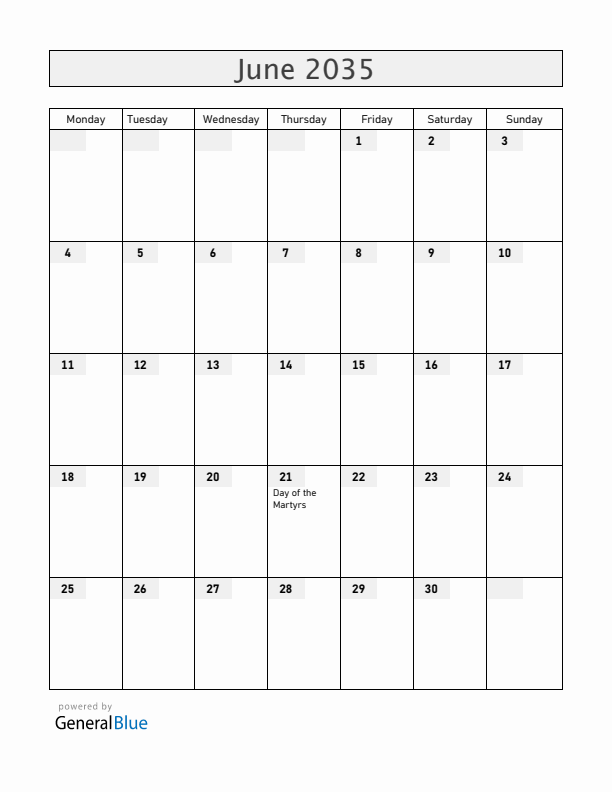 Togo June 2035 Calendar with Holidays