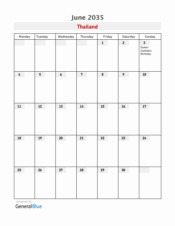 Thailand June 2035 Calendar with Holidays