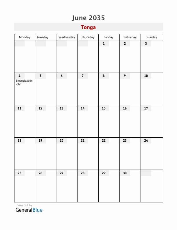 Tonga June 2035 Calendar with Holidays