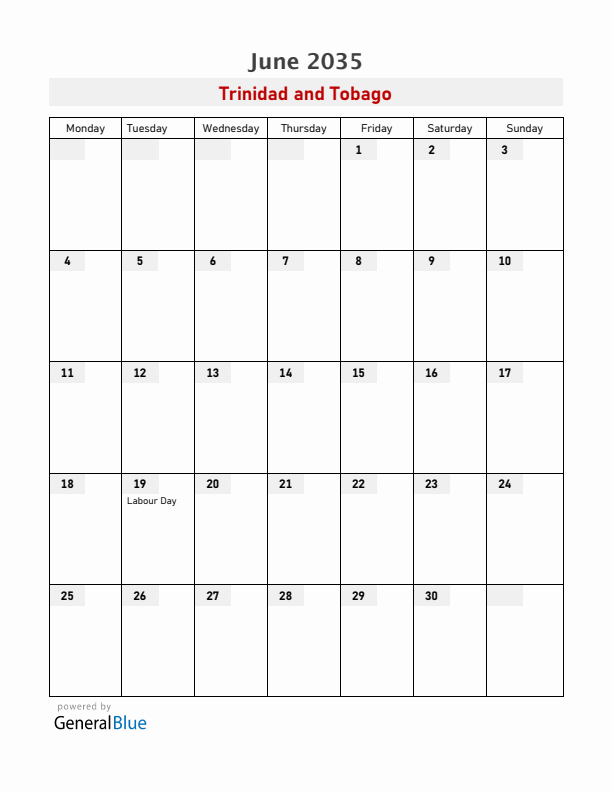 Trinidad and Tobago June 2035 Calendar with Holidays