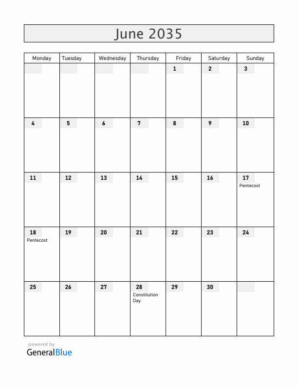 Ukraine June 2035 Calendar with Holidays