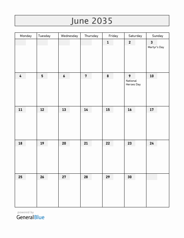 Uganda June 2035 Calendar with Holidays