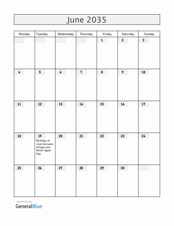 Uruguay June 2035 Calendar with Holidays