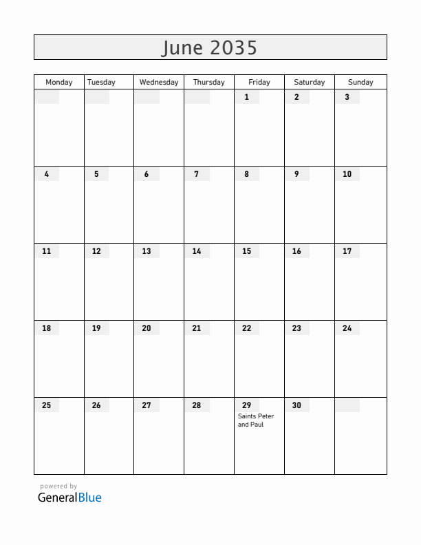 Vatican June 2035 Calendar with Holidays