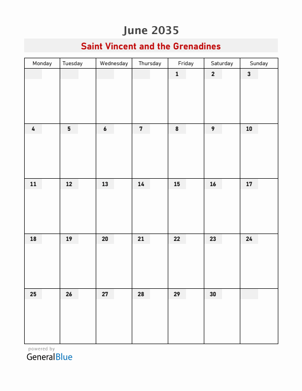 Saint Vincent and the Grenadines June 2035 Calendar with Holidays