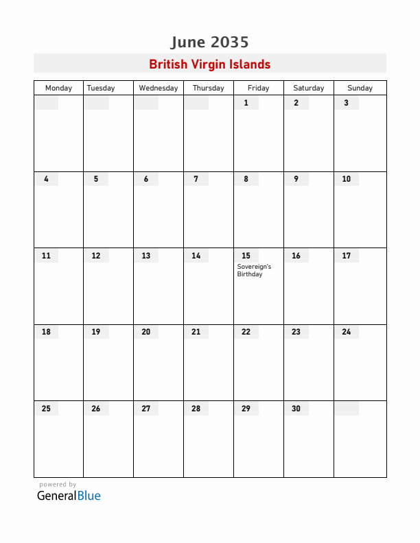 British Virgin Islands June 2035 Calendar with Holidays