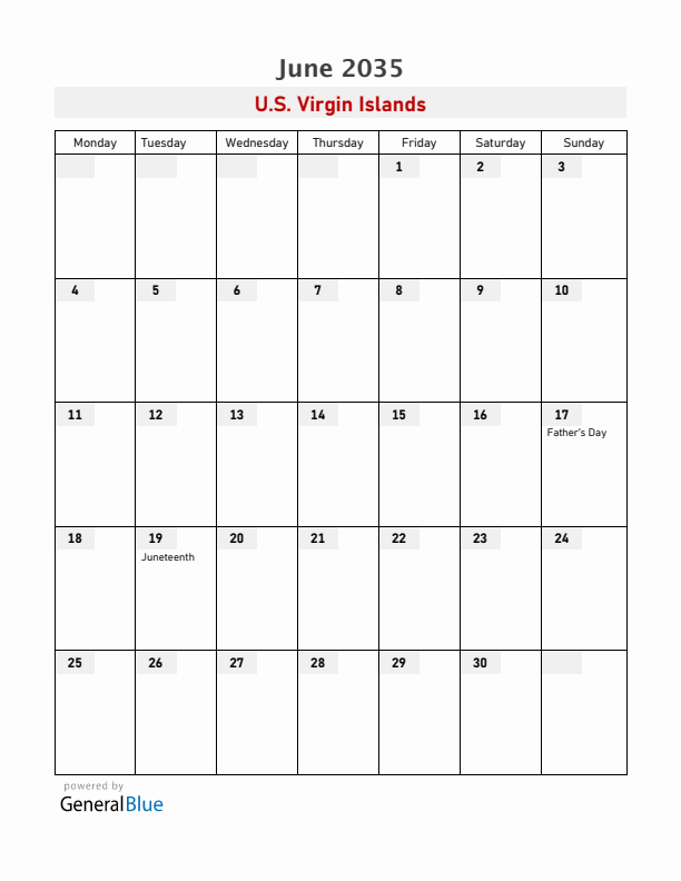 U.S. Virgin Islands June 2035 Calendar with Holidays