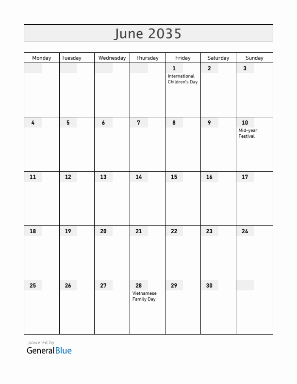 Vietnam June 2035 Calendar with Holidays