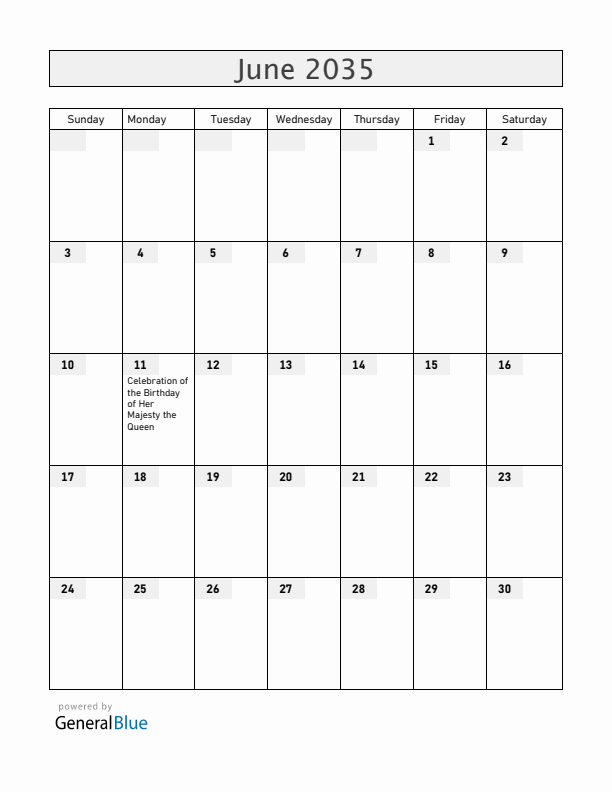 Anguilla June 2035 Calendar with Holidays
