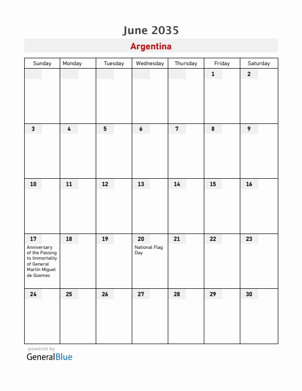 Argentina June 2035 Calendar with Holidays