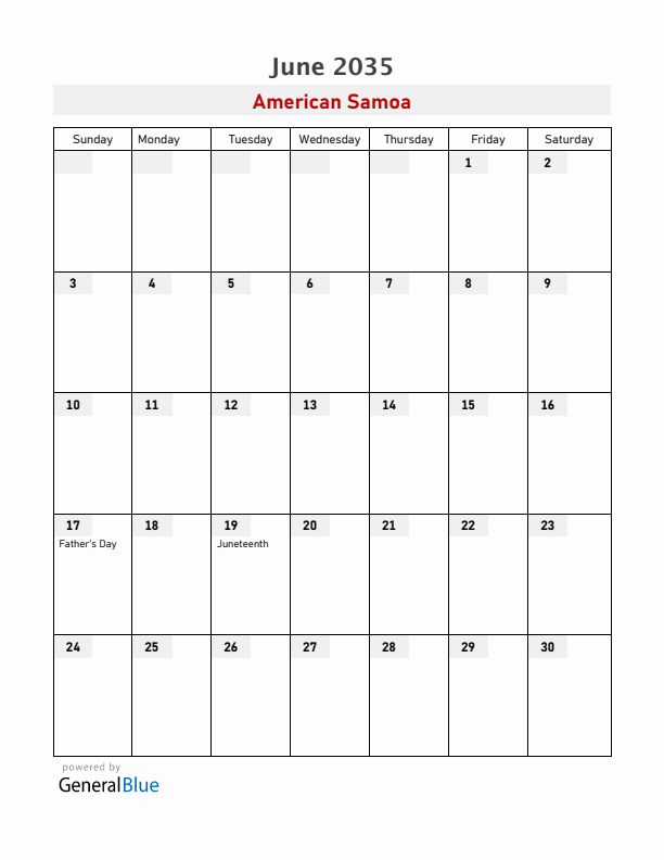 American Samoa June 2035 Calendar with Holidays