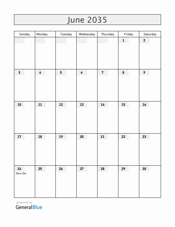Aruba June 2035 Calendar with Holidays