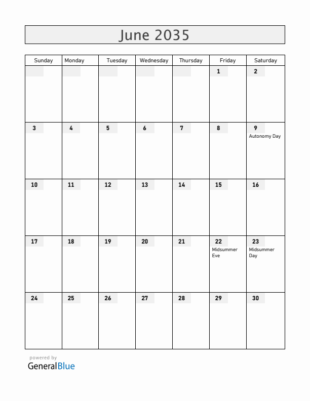 Aland Islands June 2035 Calendar with Holidays