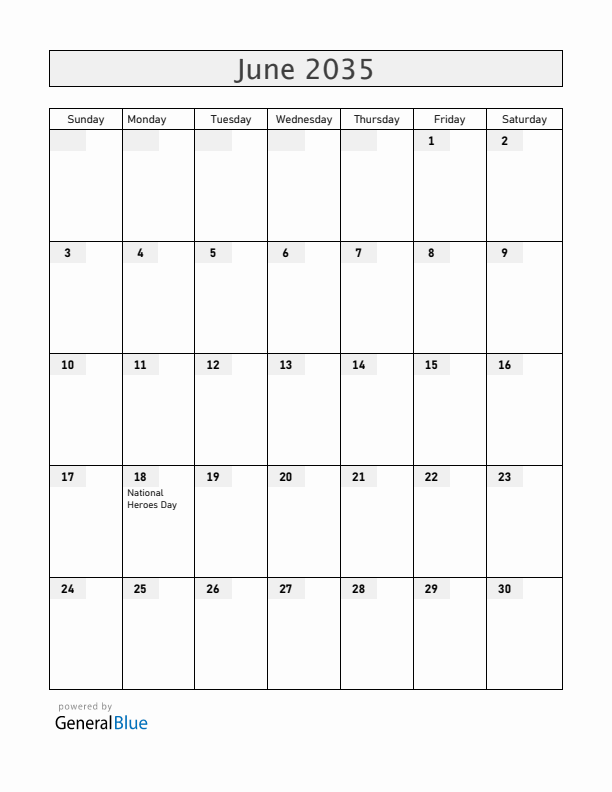 Bermuda June 2035 Calendar with Holidays