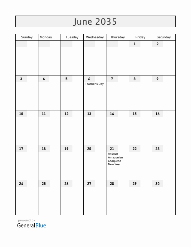 Bolivia June 2035 Calendar with Holidays