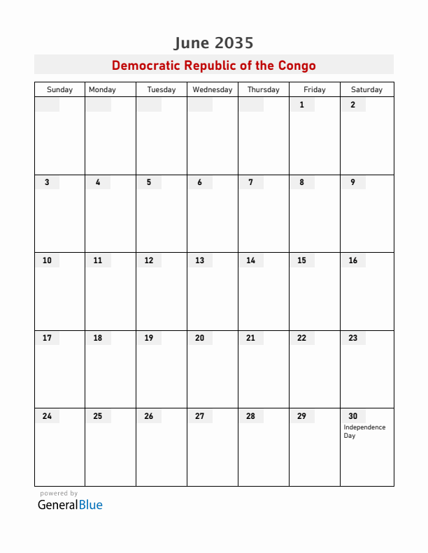 Democratic Republic of the Congo June 2035 Calendar with Holidays