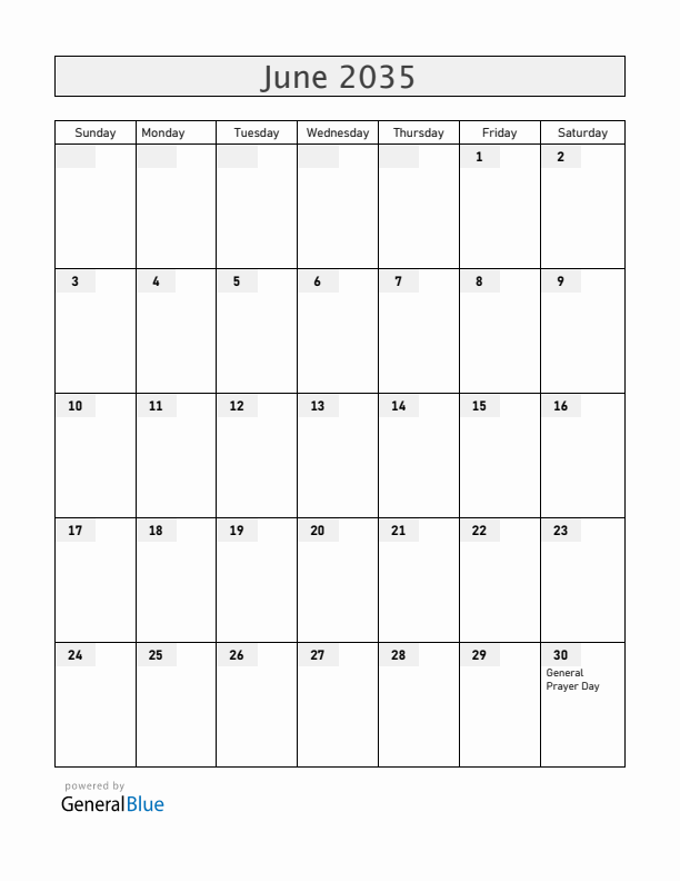 Central African Republic June 2035 Calendar with Holidays