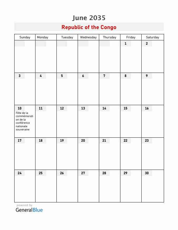 Republic of the Congo June 2035 Calendar with Holidays