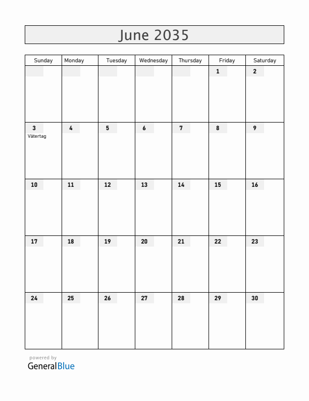 Switzerland June 2035 Calendar with Holidays