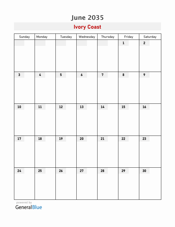Ivory Coast June 2035 Calendar with Holidays