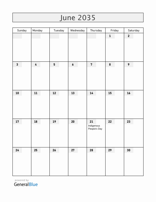 Chile June 2035 Calendar with Holidays
