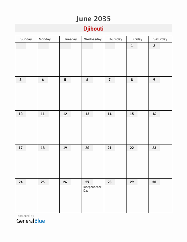Djibouti June 2035 Calendar with Holidays