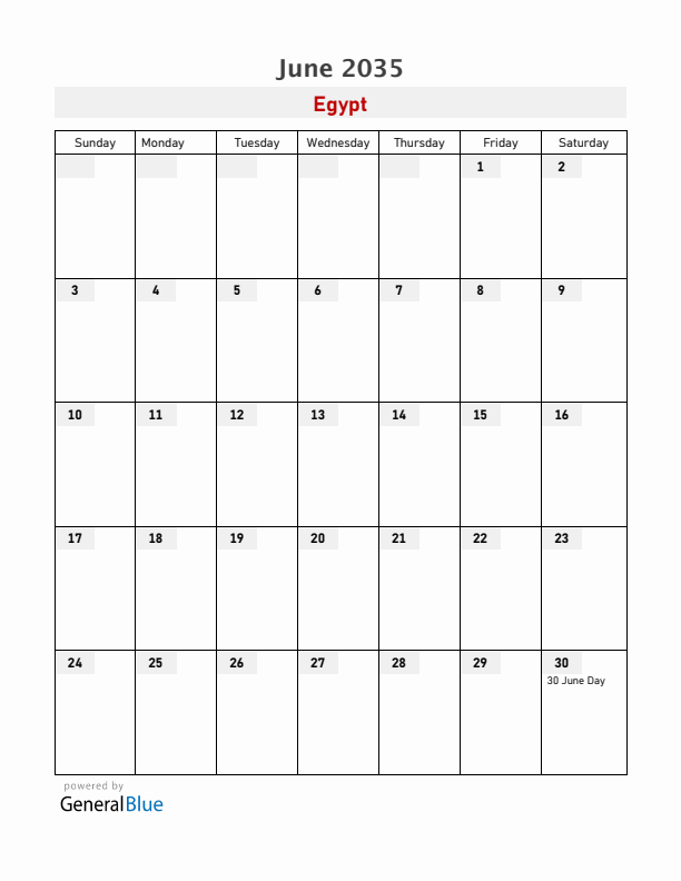 Egypt June 2035 Calendar with Holidays