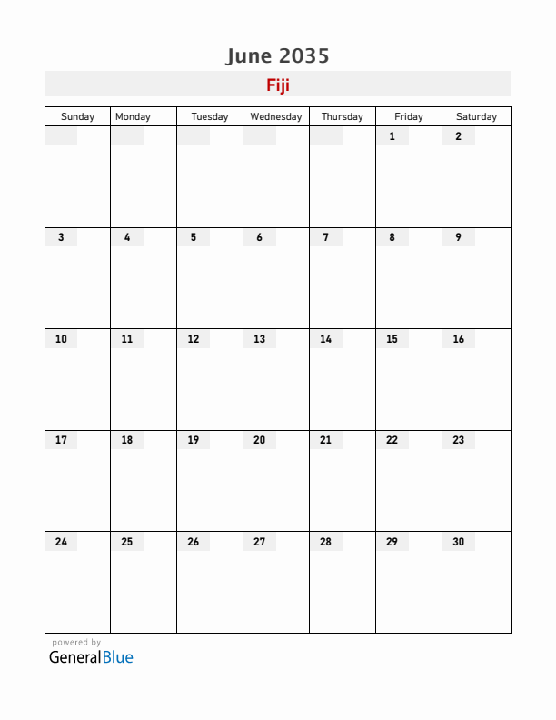 Fiji June 2035 Calendar with Holidays