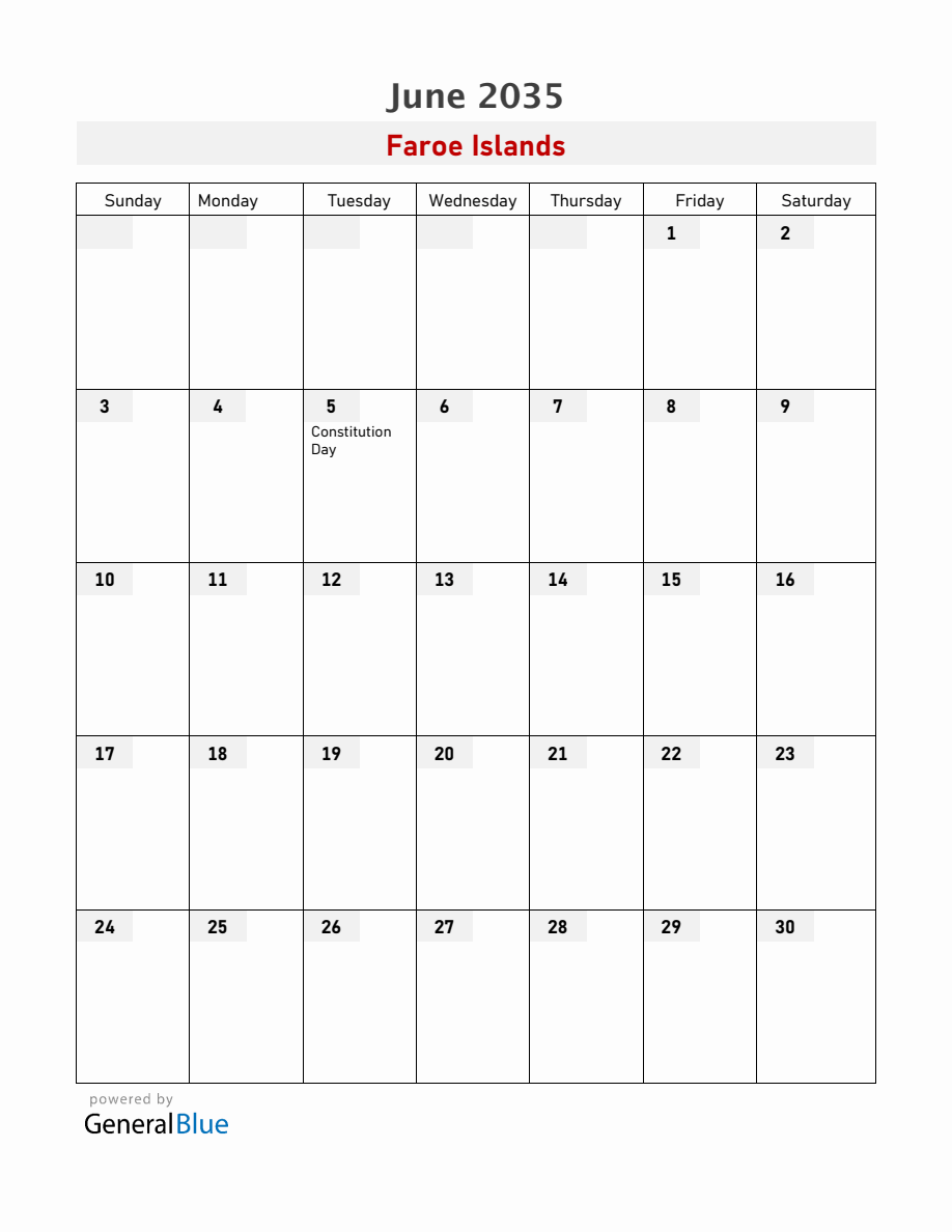 Faroe Islands June 2035 Calendar with Holidays