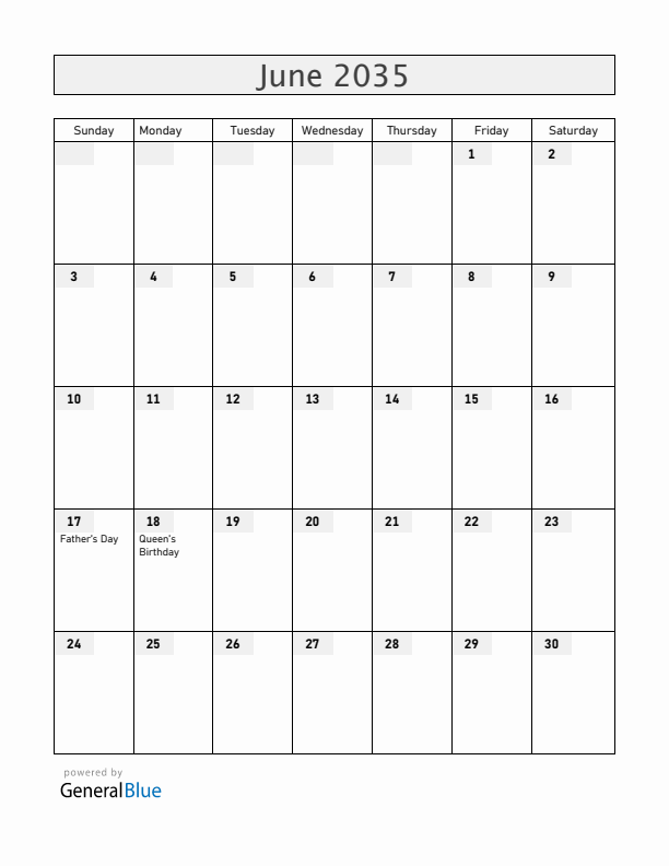 Gibraltar June 2035 Calendar with Holidays
