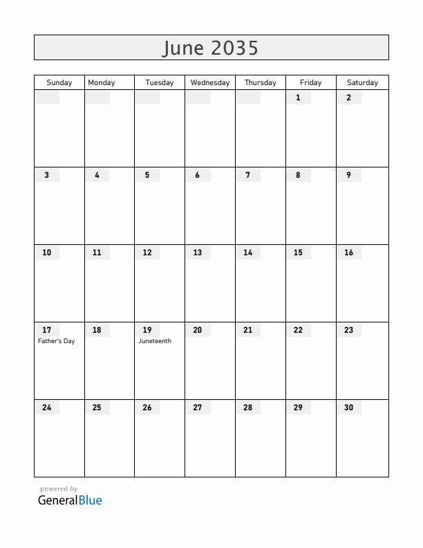 Guam June 2035 Calendar with Holidays