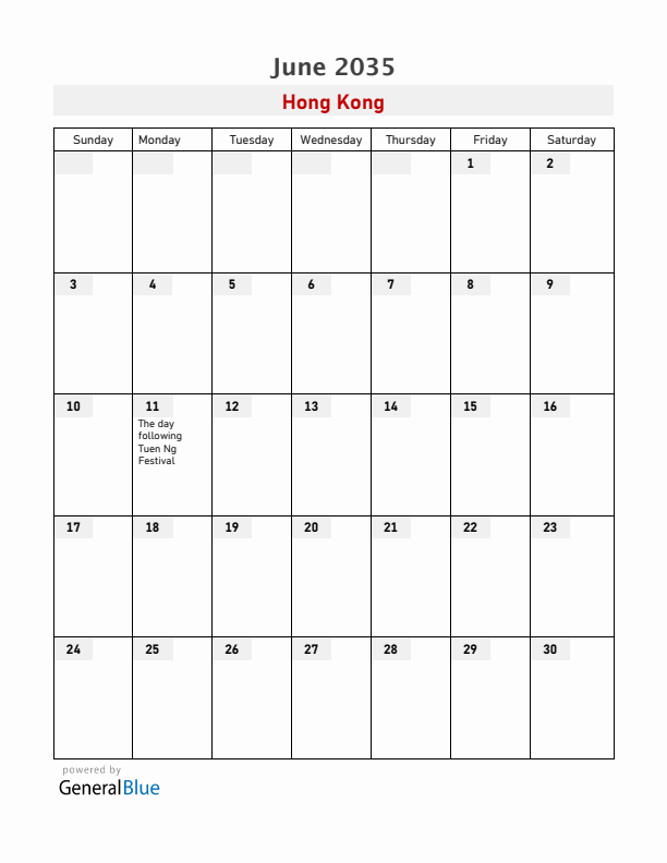 Hong Kong June 2035 Calendar with Holidays