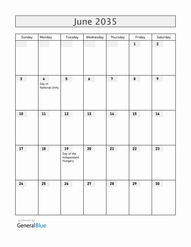 Hungary June 2035 Calendar with Holidays