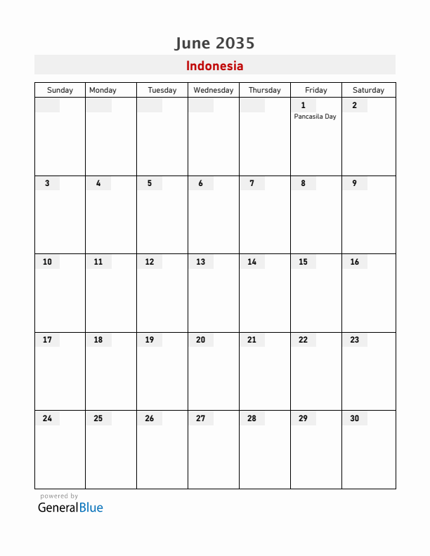 Indonesia June 2035 Calendar with Holidays