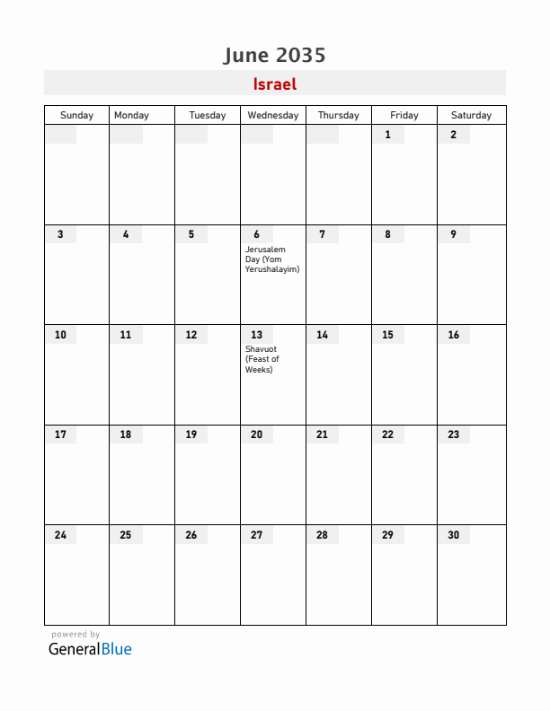 Israel June 2035 Calendar with Holidays