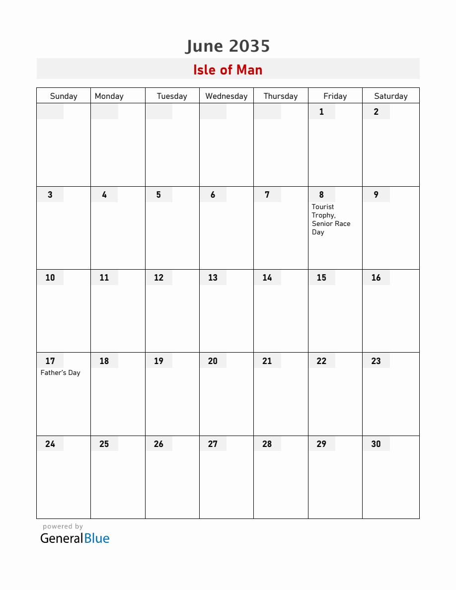 Isle of Man June 2035 Calendar with Holidays
