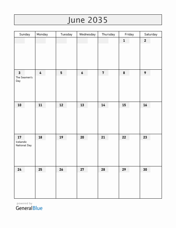 Iceland June 2035 Calendar with Holidays
