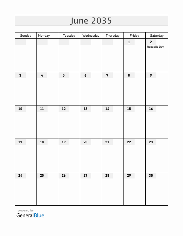 Italy June 2035 Calendar with Holidays