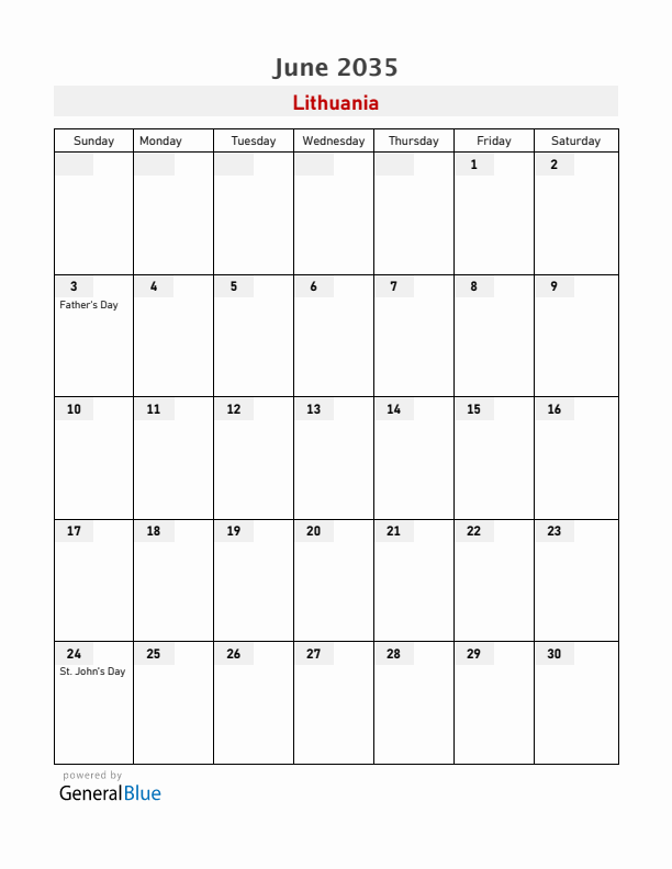 Lithuania June 2035 Calendar with Holidays