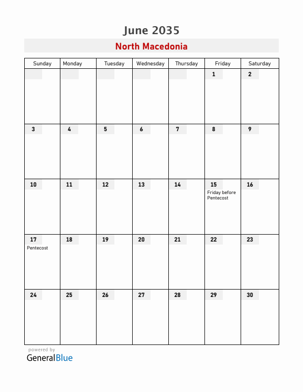 North Macedonia June 2035 Calendar with Holidays