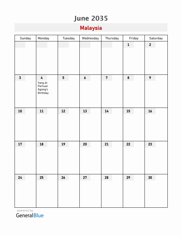 Malaysia June 2035 Calendar with Holidays