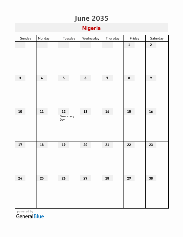 Nigeria June 2035 Calendar with Holidays