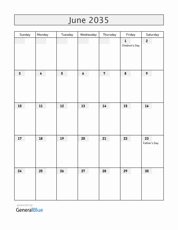 Nicaragua June 2035 Calendar with Holidays