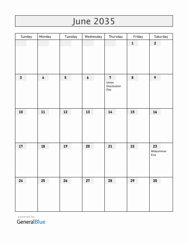 Norway June 2035 Calendar with Holidays
