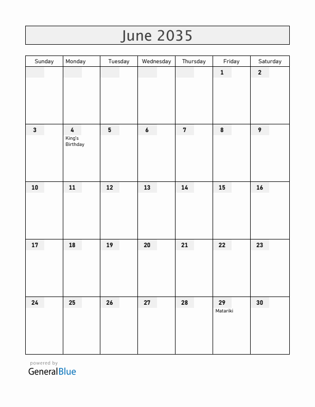 New Zealand June 2035 Calendar with Holidays