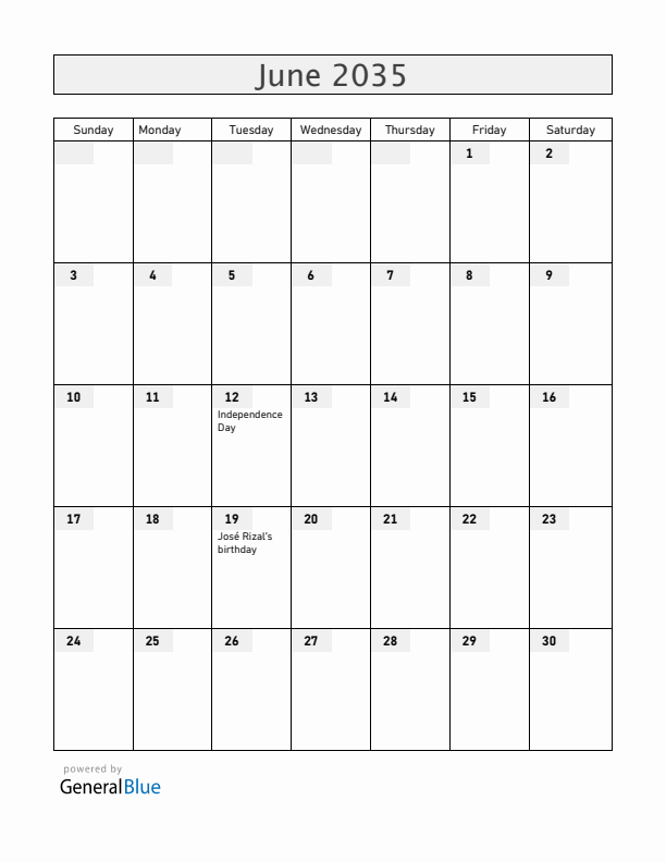 Philippines June 2035 Calendar with Holidays