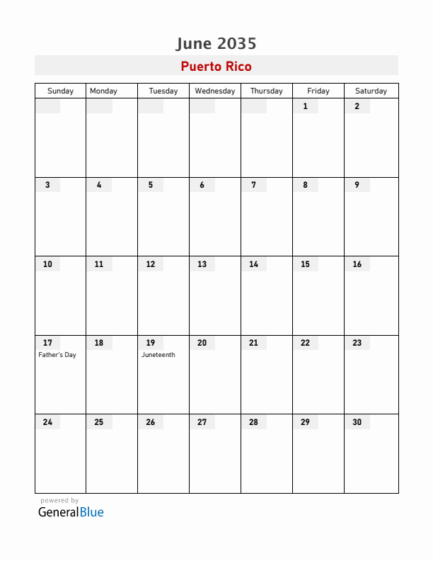 Puerto Rico June 2035 Calendar with Holidays