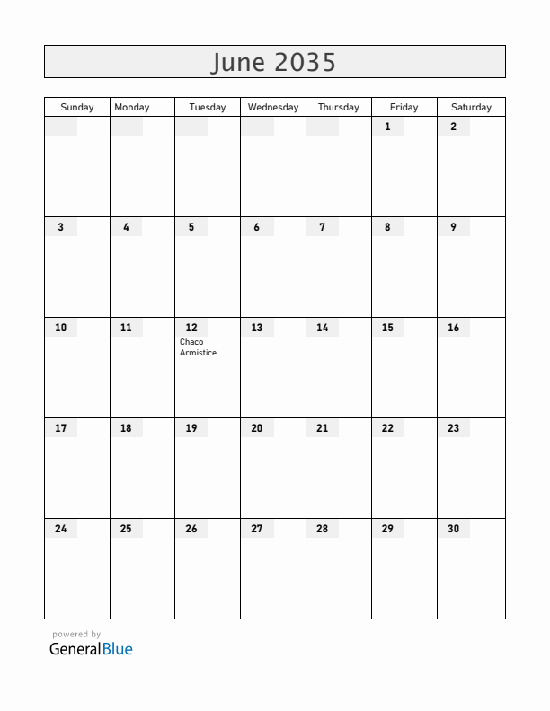 Paraguay June 2035 Calendar with Holidays